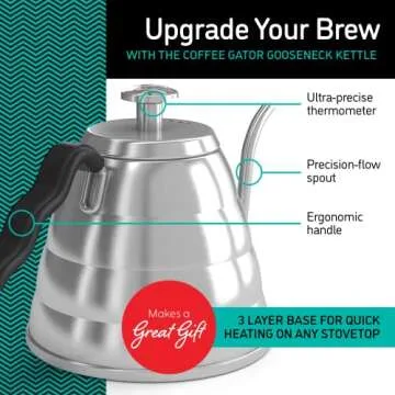 Coffee Gator Gooseneck Kettle with Thermometer, 40 oz Stainless Steel, Stove Top, Premium Pour Over ...