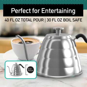 Coffee Gator Gooseneck Kettle with Thermometer, 40 oz Stainless Steel, Stove Top, Premium Pour Over Kettle for Tea and Coffee w/Precision Drip Spout, 5 Cup