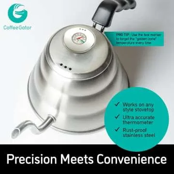 Coffee Gator Gooseneck Kettle with Thermometer, 40 oz Stainless Steel, Stove Top, Premium Pour Over Kettle for Tea and Coffee w/Precision Drip Spout, 5 Cup