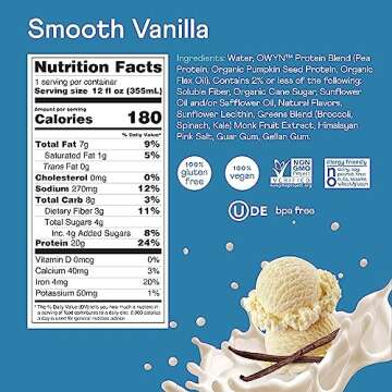 OWYN Only What You Need Plant Based Protein Shake, 20g Vegan Protein from Organic Pumpkin Seed, Flax, Pea Blend, Prebiotic Supplement, Superfood Greens, Gluten & Soy-Free (Vanilla, 24 Pack)