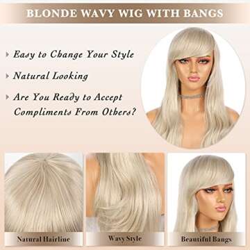 CLOVAD 24 inch Long Ash Blonde Wavy Wig With Bangs, Body Wave Hair Curly Hair Replacement Wigs for W...