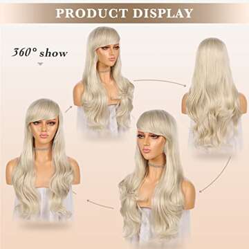CLOVAD 24 inch Long Ash Blonde Wavy Wig With Bangs, Body Wave Hair Curly Hair Replacement Wigs for Women Girls, Natural Looking Synthetic Heat Resistant Fiber Wigs for Daily