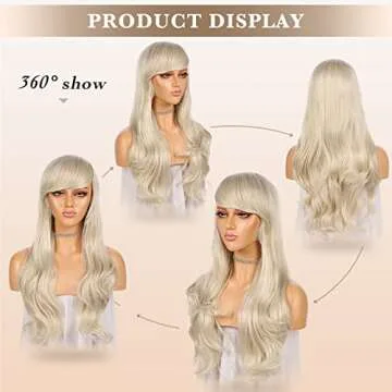 CLOVAD 24 inch Long Ash Blonde Wavy Wig With Bangs, Body Wave Hair Curly Hair Replacement Wigs for Women Girls, Natural Looking Synthetic Heat Resistant Fiber Wigs for Daily