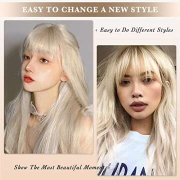 CLOVAD 24 inch Long Ash Blonde Wavy Wig With Bangs, Body Wave Hair Curly Hair Replacement Wigs for Women Girls, Natural Looking Synthetic Heat Resistant Fiber Wigs for Daily
