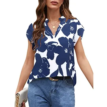 JECEIKA Women 2025 Spring Summer Short Sleeves V Neck Dressy Loose Work Business Casual Chiffon Blouses Top, Navy Blue, Small JC232-3-S