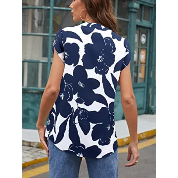 JECEIKA Women 2025 Spring Summer Short Sleeves V Neck Dressy Loose Work Business Casual Chiffon Blouses Top, Navy Blue, Small JC232-3-S