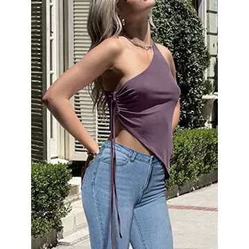 Zaoqee Women's 2 Pack One Shoulder Tank Tops Cut Out Side Drawstring T Shirts Going Out Sexy Trendy Tops