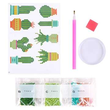 BENBO 8Pcs Cactus Diamond Painting Stickers for Kids and Adult Beginners, DIY 5D Easy Diamond Embroi...