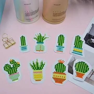 BENBO 8Pcs Cactus Diamond Painting Stickers for Kids and Adult Beginners, DIY 5D Easy Diamond Embroidery Painting Kit by Numbers Cacti Mosaic Crystal Gems Arts Crafts