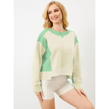 OFSOAK Womens Cropped Sweatshirt Fall Casual Color Block Oversized Crewneck Long Sleeve Sweatshirts Loose Comfy Tops Light Green