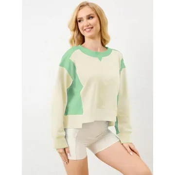 OFSOAK Womens Cropped Sweatshirt Fall Casual Color Block Oversized Crewneck Long Sleeve Sweatshirts Loose Comfy Tops Light Green
