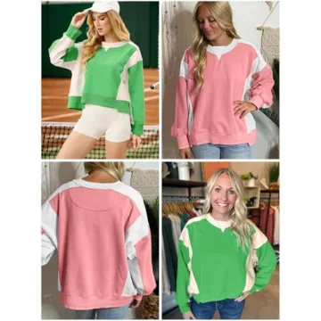 OFSOAK Womens Cropped Sweatshirt Fall Casual Color Block Oversized Crewneck Long Sleeve Sweatshirts Loose Comfy Tops Light Green