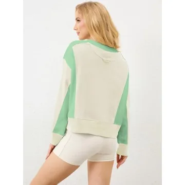 OFSOAK Womens Cropped Sweatshirt Fall Casual Color Block Oversized Crewneck Long Sleeve Sweatshirts Loose Comfy Tops Light Green