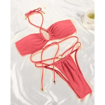 Women Cheeky Bikini Set Halter Thong Solid Color Adjustable Cinched String Two Piece Brazilian Swimsuit Triangle Bathing (Small, Pink)