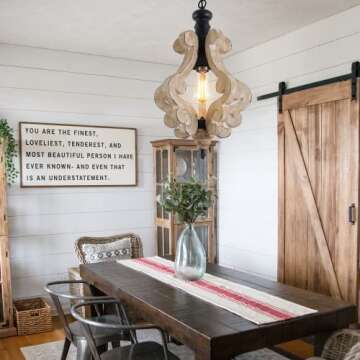 13.8" Farmhouse Chandelier Handmade Wood Light Fixture, 1 Light Wooden Pendant Light, Rustic Chandelier Light Fixture Vintage Chandelier for Dining Room Kitchen Island Foyer Bedroom Living Room,Brown