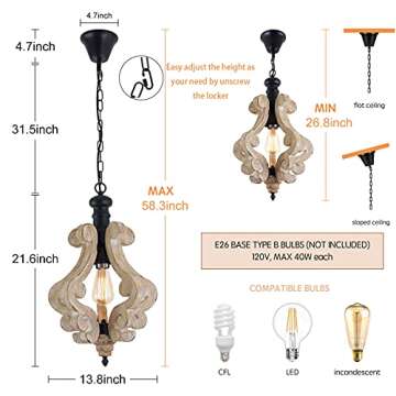 13.8" Farmhouse Chandelier Handmade Wood Light Fixture, 1 Light Wooden Pendant Light, Rustic Chandelier Light Fixture Vintage Chandelier for Dining Room Kitchen Island Foyer Bedroom Living Room,Brown