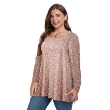 OVERWORETY Plus Size Square Neck Long Sleeve Tunic