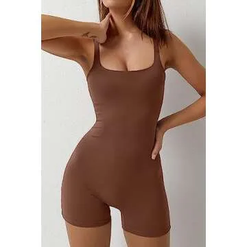 QINSEN Women Low Square Neck Workout Romper Summer