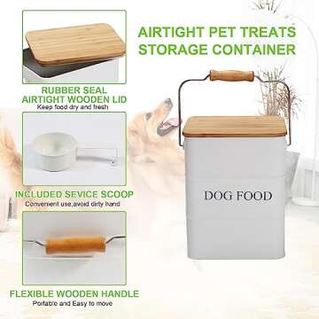 Brabtod Dog Food storage container Dog Treats Jar, Metal food treats tin for Dog, pet snacks Canisters with wooden lid/handle/sevice scoop,hold 5-6 lbs