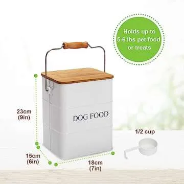 Brabtod Dog Food storage container Dog Treats Jar, Metal food treats tin for Dog, pet snacks Canisters with wooden lid/handle/sevice scoop,hold 5-6 lbs