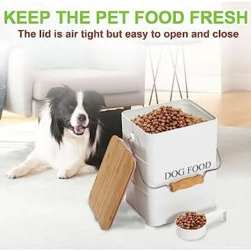 Brabtod Dog Food storage container Dog Treats Jar, Metal food treats tin for Dog, pet snacks Canisters with wooden lid/handle/sevice scoop,hold 5-6 lbs