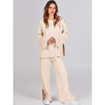 ANRABESS Womens 2 Piece Outfits Oversized Knit Sweater Set Wide Leg Pant Cozy Lounge Matching Pajama...