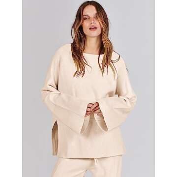 ANRABESS Womens 2 Piece Outfits Oversized Knit Sweater Set Wide Leg Pant Cozy Lounge Matching Pajama Sets 2024 Trendy Clothes Apricot Medium