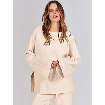 ANRABESS Womens 2 Piece Outfits Oversized Knit Sweater Set Wide Leg Pant Cozy Lounge Matching Pajama Sets 2024 Trendy Clothes Apricot Medium