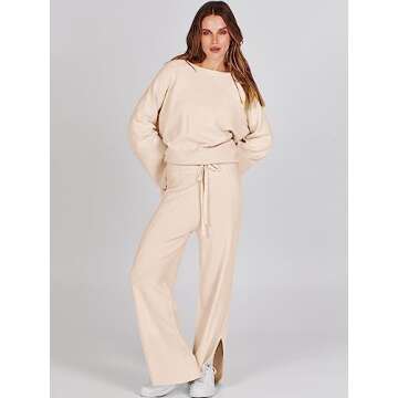 ANRABESS Womens 2 Piece Outfits Oversized Knit Sweater Set Wide Leg Pant Cozy Lounge Matching Pajama Sets 2024 Trendy Clothes Apricot Medium