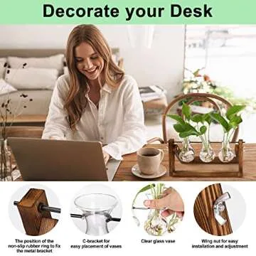 YIBOT Propagation Stations,Plant Terrarium with Retro Wooden Stand,Unique Gardening Birthday Gifts for Women Plant Lovers,Hydroponics Plants Home Office Garden Decor-3 Bulb Glass Vases
