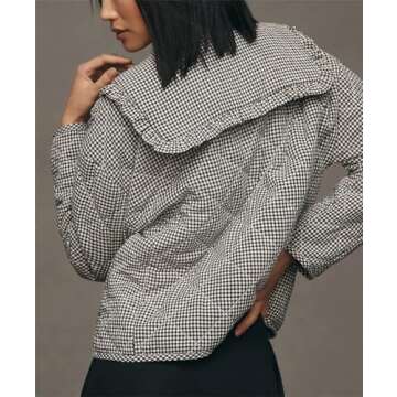 YEXPINE Women's Cropped Plaid Quilted Jacket Tie Front Lightweight Ruffled Lapel Collar Puffer Padded Coats with Pockets