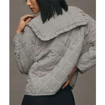 YEXPINE Women's Cropped Plaid Quilted Jacket Tie Front Lightweight Ruffled Lapel Collar Puffer Padded Coats with Pockets