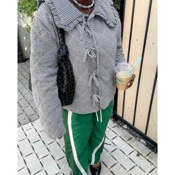 YEXPINE Women's Cropped Plaid Quilted Jacket Tie Front Lightweight Ruffled Lapel Collar Puffer Padded Coats with Pockets