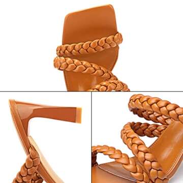 sexrosly Women's Braided Heels Sandals Strappy Square Toe Chunky Block Heel Mules Slip On Sexy Dress Wedding High Heel Slippers Matte Leather PU Slide Sandal Brown Size US 6.5 CN37