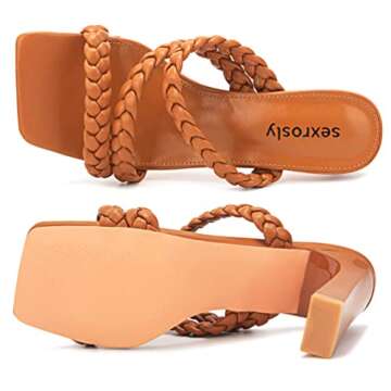 sexrosly Women's Braided Heels Sandals Strappy Square Toe Chunky Block Heel Mules Slip On Sexy Dress Wedding High Heel Slippers Matte Leather PU Slide Sandal Brown Size US 6.5 CN37