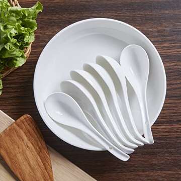 Asian Soup Spoons Ceramic, 6.75 Inch Large Chinese Soup Spoons Set, Ramen Spoons White Japanese Soup Spoon for Wonton Pho Dumpling, Big Scoop & Hook Design, Dishwasher Safe, Set of 6