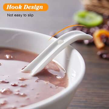 Asian Soup Spoons Ceramic, 6.75 Inch Large Chinese Soup Spoons Set, Ramen Spoons White Japanese Soup Spoon for Wonton Pho Dumpling, Big Scoop & Hook Design, Dishwasher Safe, Set of 6