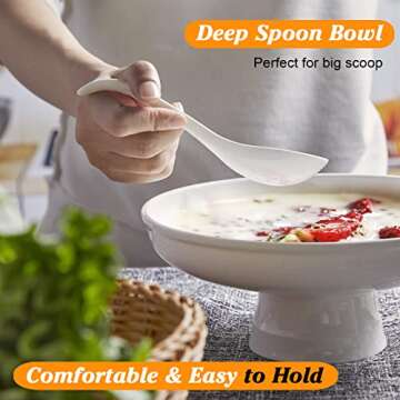 Asian Soup Spoons Ceramic, 6.75 Inch Large Chinese Soup Spoons Set, Ramen Spoons White Japanese Soup Spoon for Wonton Pho Dumpling, Big Scoop & Hook Design, Dishwasher Safe, Set of 6