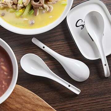 Asian Soup Spoons Ceramic, 6.75 Inch Large Chinese Soup Spoons Set, Ramen Spoons White Japanese Soup Spoon for Wonton Pho Dumpling, Big Scoop & Hook Design, Dishwasher Safe, Set of 6