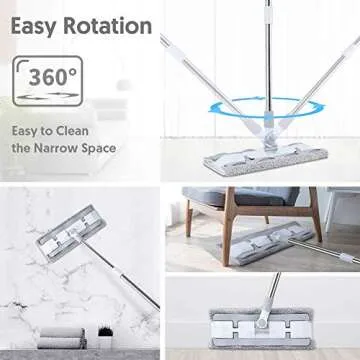 HOMTOYOU Microfiber Hardwood Floor Mop with 4 Washable Pads, 360 Rotation Dust Flat Mop with Ultra Long Stainless Steel Handle for Home/Office Floor Cleaning