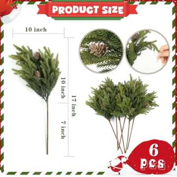 LZNPA 6 Pcs Real Touch Christmas Pine Branches with Pine Cones, Natural Droopy,Soft Bendable Pine Stems, Lifelike Christmas Greenery Stems for Vases, Wreaths Outdoor Indoor Christmas Decorations