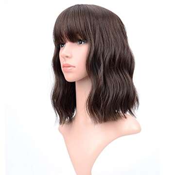 VCKOVCKO Short Bob Wigs Natural Brown Wavy Wig With Air Bangs Women's Shoulder Length Wigs Curly Wav...