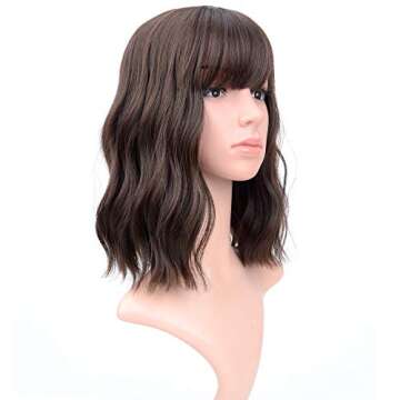 VCKOVCKO Short Bob Wigs Natural Brown Wavy Wig With Air Bangs Women's Shoulder Length Wigs Curly Wavy Synthetic Cosplay Wig Pastel Bob Wig for Girl Colorful Wigs(12", Natural Brown)