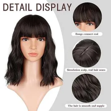 VCKOVCKO Short Bob Wigs Natural Brown Wavy Wig With Air Bangs Women's Shoulder Length Wigs Curly Wavy Synthetic Cosplay Wig Pastel Bob Wig for Girl Colorful Wigs(12", Natural Brown)