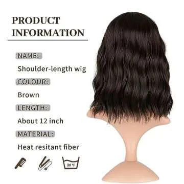 VCKOVCKO Short Bob Wigs Natural Brown Wavy Wig With Air Bangs Women's Shoulder Length Wigs Curly Wavy Synthetic Cosplay Wig Pastel Bob Wig for Girl Colorful Wigs(12", Natural Brown)