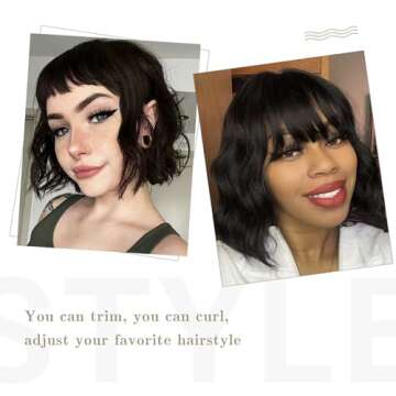 VCKOVCKO Short Bob Wigs Natural Brown Wavy Wig With Air Bangs Women's Shoulder Length Wigs Curly Wavy Synthetic Cosplay Wig Pastel Bob Wig for Girl Colorful Wigs(12", Natural Brown)