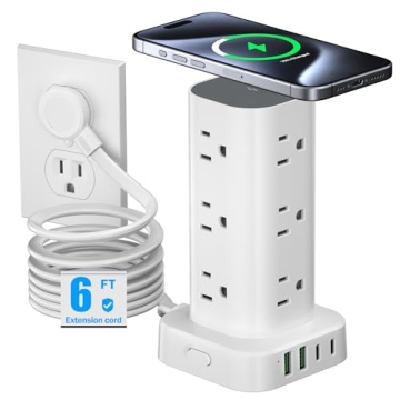 Tower Power Strip with 15W Wireless Charger, 6FT Flat Plug Extension Cord with 12 AC Outlets and 4 U...