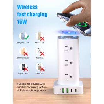 Tower Power Strip with 15W Charger and 12 Outlets