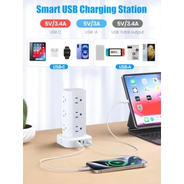 Tower Power Strip with 15W Charger and 12 Outlets