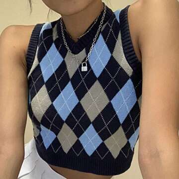 SAFRISIOR Blue Vintage V Neck Crop Sweater Vest for Women
